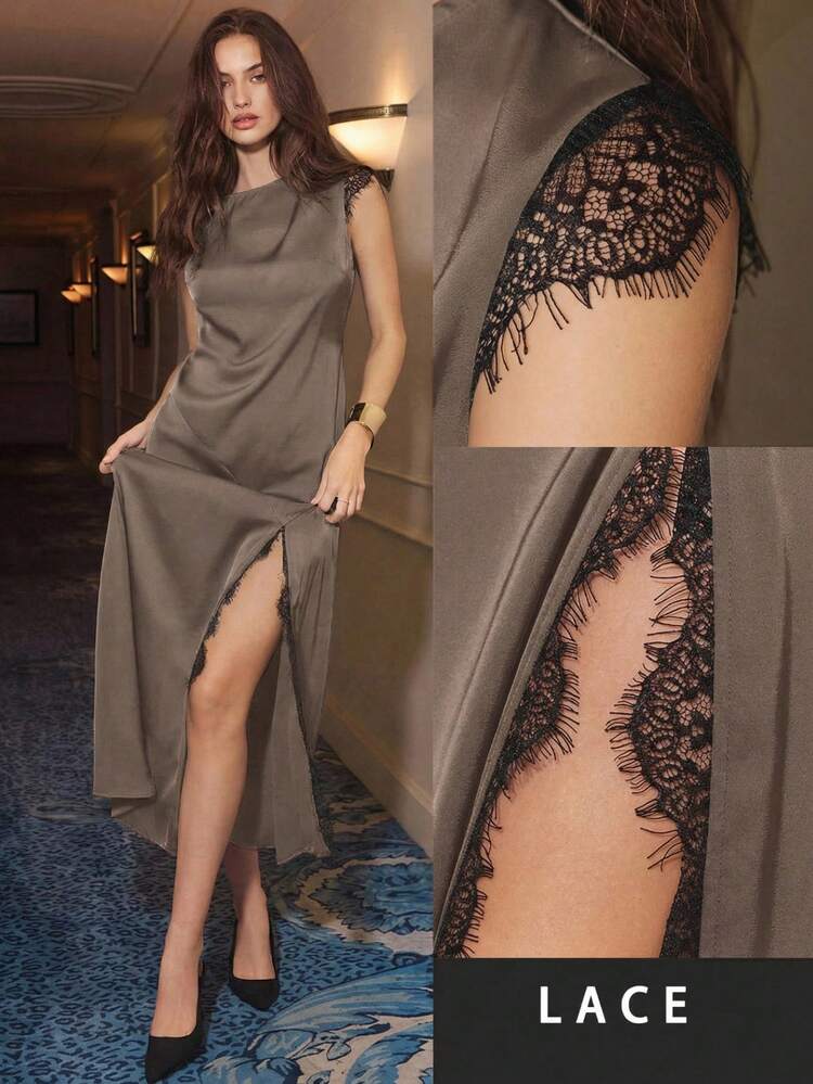 SHEIN Maija 2026 Women's Lace Patchwork Flare Sleeve Round Neck High Slit Party Dress ,Summer Dress