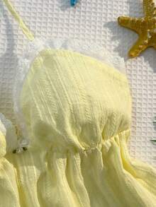 Sunnyshic Yellow Jacquard Striped 100% Cotton Fabric With White Lace Patchwork, Rose Decor V-Neck Halter Backless A-Line Ruffle Hem Tank Top, Women's Spring/Summer Vacation Beach Elegant Sweet Cute Retro Versatile Casual Date - Yellow - View 4