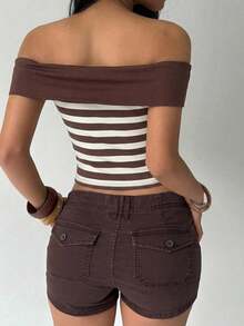 Aloruh Women's Off-Shoulder Striped Fitted Cropped Tank Top - Coffee Brown - View 2