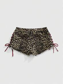 ROMWE Avant Quần short denim nữ kiểu dáng thể thao Y2K retro, chất liệu jersey, có logo thêu, dây rút, họa tiết rằn ri, cạp thấp, gợi cảm, ôm sát. - màu nâu - Xem 2
