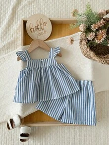 Baby Girl Vacation Casual Cute Blue & White Striped Flutter Sleeve Top And Shorts Set - Blue - View 5