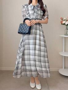 FRIFUL Women's Spring/Summer Plaid Cinched Waist Ruched Frill Trim Flared Maxi Casual Dress - Black and White - View 6