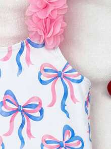 SHEIN Traje de baño de una pieza con rayas y lazo y flor 3D para niña - Azul y blanco - Ver 9