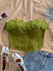 Soleia Blusa ajustada con volantes sin tirantes, romántica y sexy, adecuada para vacaciones, fiestas, citas, San Valentín, tarde de té - Verde - Ver 6