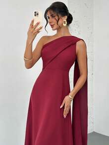 Firerie 女士优雅浪漫精致不对称领褶裥连衣裙，长袖，修身剪裁，红色，女士粉彩色连衣裙 - 酒紅色 - 查看 9