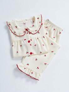 SHEIN 少女櫻桃印花短袖開襟衫與長褲2件式居家服套裝，彼得潘領荷葉邊下擺，粉色與白色，夏季，可愛，居家穿著，睡衣 - 杏色 - 查看 7