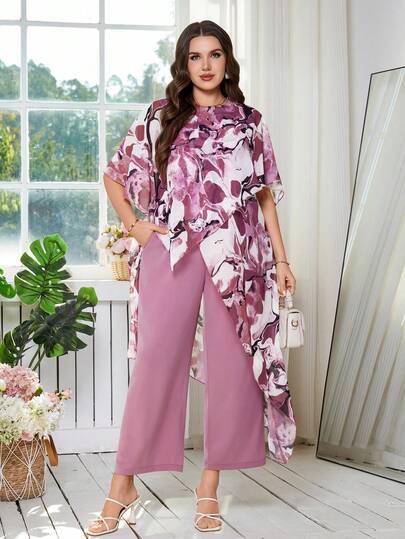 Reflora Plus Size Summer Elegant Tie-Dye Print Asymmetric Hem Top And Pants 2 Pieces Set Summer   Summer Outfits Spring Spring Outfit Women Spring Break Outfits Easter St Patrick's Day Women St Patrick's Day  Party Outfit   Weddings & Events Wedding  Graduation Outfit For Mother Going Out Vacation Outfits Women Casual Sets For Women   Luxury Women's Two-Piece Set  Formal Suit
