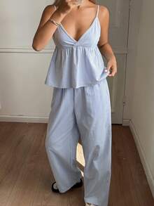 DAZY Women's Striped Camisole Top And Loose Pants Pajama Set, Suitable For Summer Beach Vacation - Blue - View 6