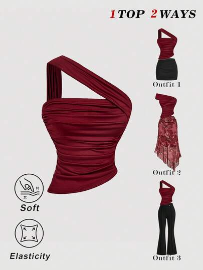 SHEIN MOD 1件不对称肩部/不对称褶皱酒红色女士背心
