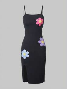 Sparklyn Tween Girl Floral Print Side Slit Hem Casual Cami Dress - Multicolor - View 7