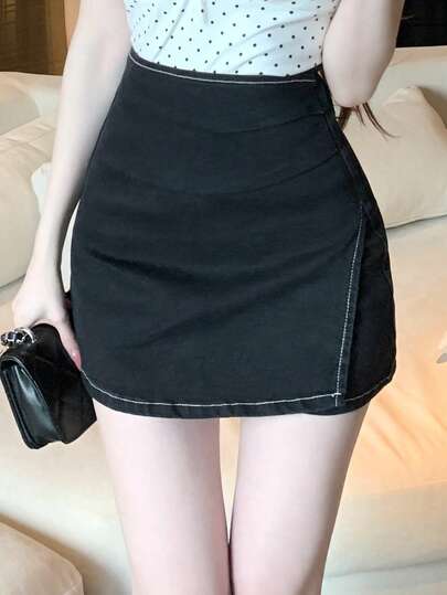 FRIFUL Women's High Waist Contrast Stitch Pleated Hem Slit Fitted Denim Skirt, Casual Daily Office Commute Wear