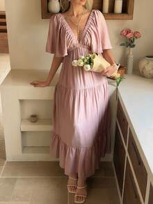 Livesso Đầm maxi tay cánh hoa màu trơn, dáng dài đến đầu gối, thắt eo, dành cho nữ. - Hồng - Xem 1