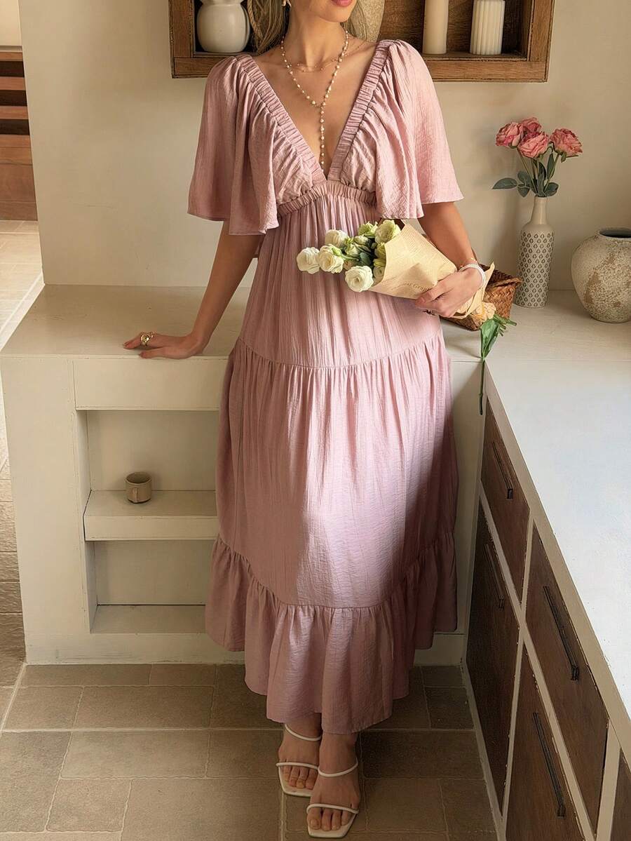 Livesso Đầm maxi tay cánh hoa màu trơn, dáng dài đến đầu gối, thắt eo, dành cho nữ. - Hồng - Xem 1