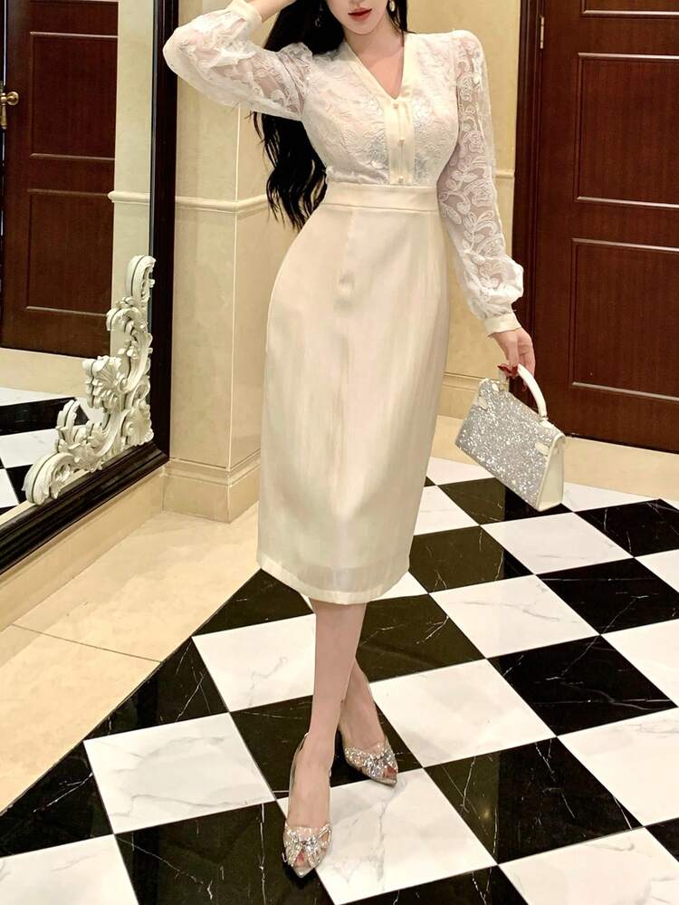 Women's Elegant Front Button V-Neck Long Sleeve Patchwork Dress