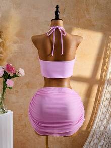 Bellisia Bộ đồ bơi 3 mảnh dành cho nữ, màu hồng in hoa, cổ yếm, kiểu sarong ngắn và quần bikini, thích hợp cho kỳ nghỉ hè. - Hồng - Xem 2