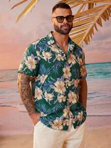 EASEVO Camisa de manga corta con botones delanteros y estampado floral para hombres de talla grande - Multicolor - Ver 4