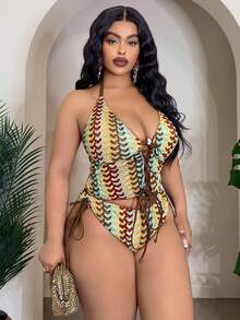 Slaydiva Áo bikini cỡ lớn dệt kim jacquard nhiều màu sắc, dây mảnh, cổ yếm buộc dây phía trước, khoét hở, gợi cảm, thời trang, hở lưng, thích hợp cho kỳ nghỉ biển. - Nhiều màu - Xem 4