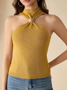 INAWLY Women's Solid Color Metal Decor Fitted Fashionable Knit Vest - Gold - View 6