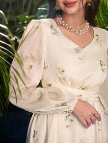 Modelyn 女士优雅刺绣雪纺连衣裙，轻盈梭织面料，春夏款 - 杏色 - 查看 2