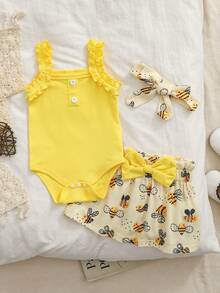 SHEIN Playful Pals 2件套新生女婴无袖罗纹针织连体衣，荷叶边装饰，搭配松紧腰蜜蜂印花A字裙，饰有蝴蝶结，可爱休闲夏季套装，含发带，适合日常外出、旅行、公园、拍照等场合。 - 黃色 - 查看 3