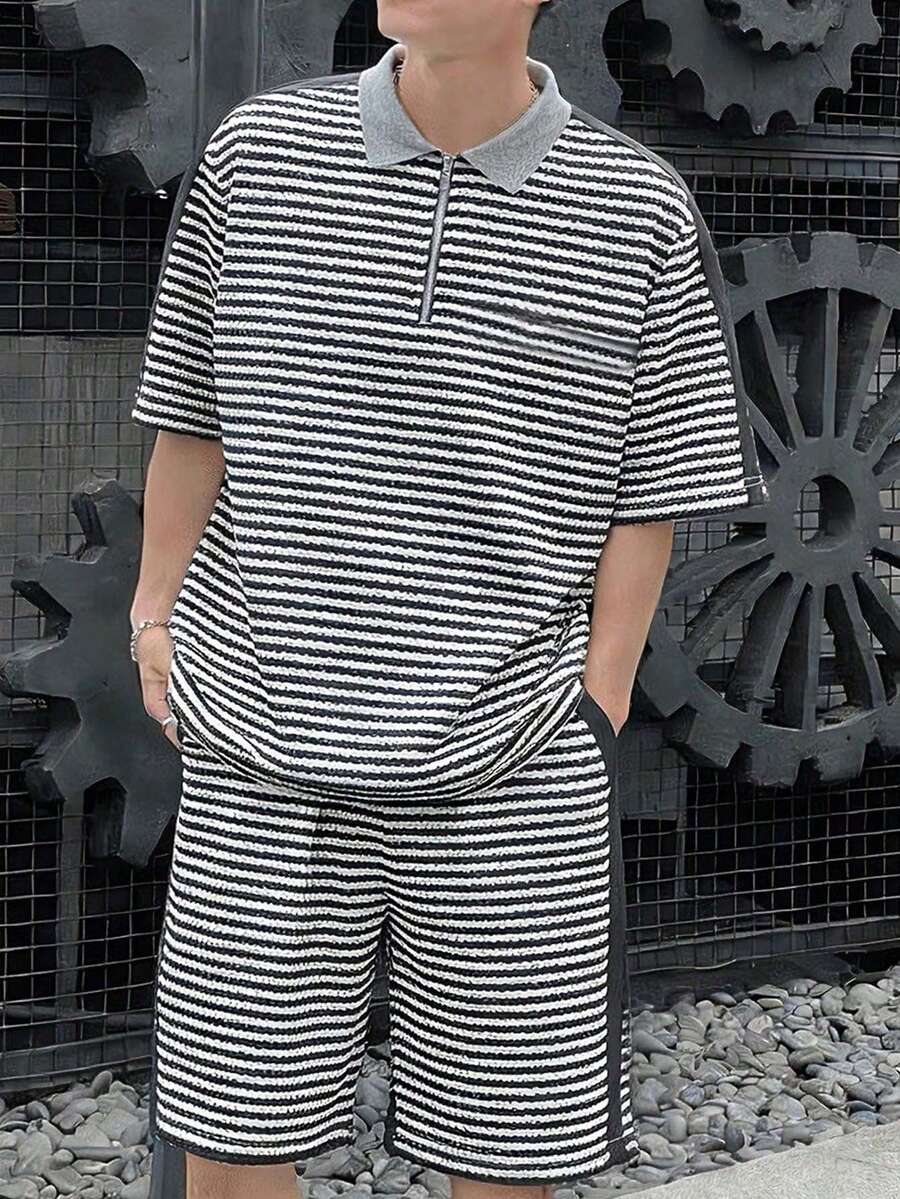 SHEIN 2件套青少年男童宽松休闲纹理面料Polo衫，带领，短袖