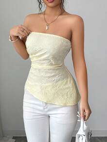 Elenzga 女士春夏新款优雅通勤百搭简约旅行装，性感派对装，高端提花面料浅黄色抹胸上衣 - 黃色 - 查看 5