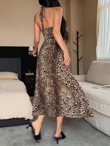 DAZY Sleeveless Leopard Print Maxi Dress With Cinched Waist, Summer - Coffee Brown - View 2