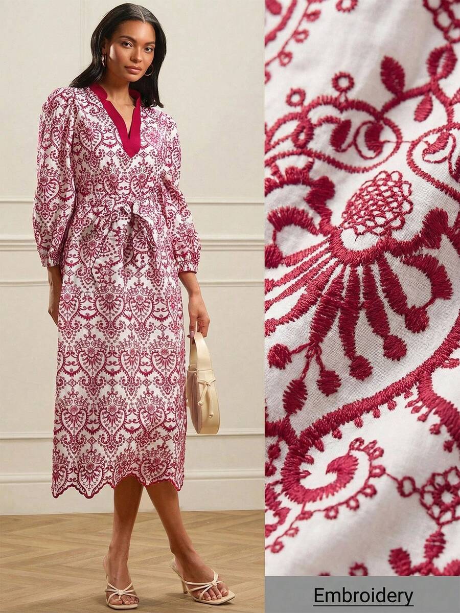 Lilora 女士优雅镂空刺绣V领灯笼袖连衣裙 - 彩色 - 查看 1