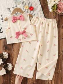 SHEIN 2件套 女童碎花无袖背心和宽松休闲裤套装 - 粉色 - 查看 2