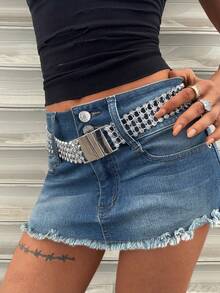Jeanoix 女士Y2K休闲时尚街头风日常通勤毛边低腰牛仔迷你裙（不含腰带） - 淺色水洗藍 - 查看 4