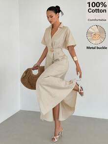 Siren Gaze Robe longue fendue pour femme en 100 % coton, col V, boucle métallique à la taille, style français élégant, beige, plissée, coupe trapèze, manches courtes, pour l'été, les vacances et les fêtes - Nude - Voir 7