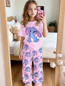 SHEIN Pijama de estilo ballet con estampado de corazón de conejo azul de dibujos animados rosa kawaii, adecuado para niñas jóvenes, ajuste ceñido, cuello redondo, manga corta, apropiado para el verano, estilo dulce y acogedor, nueva colección 2026, vibraciones de vacaciones, fácil comodidad, estilo Y2K, ropa para niñas jóvenes, conjuntos de ropa para niñas, ropa para niñas - Multicolor - Ver 2