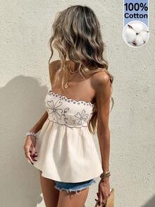 Serisse Women's Summer Vacation Casual 100% Cotton Contrast Embroidered  Bandeau Top,Elegant Women's Blouses Blouse Embroidered Blouse Summer Tops,Summer, Valentine's Day, Carnival, Party ,Wedding ,Birthday, Elegant ,Vacation, Casual ,Summer Tops ,Fasching Women Costume - Apricot - View 2