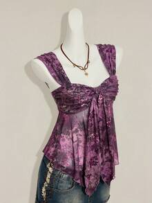 SHEIN ICON Vintage Print Asymmetrical Hem Mesh Trim Women Tank Top,Summer Top - Purple - View 8