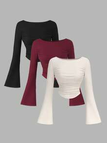 SHEIN PETITE 3件套女士纯色喇叭袖褶皱T恤，外出上衣，假日长袖露脐上衣，秋冬季，返校季，乡村音乐会，万圣节 - 彩色 - 查看 7