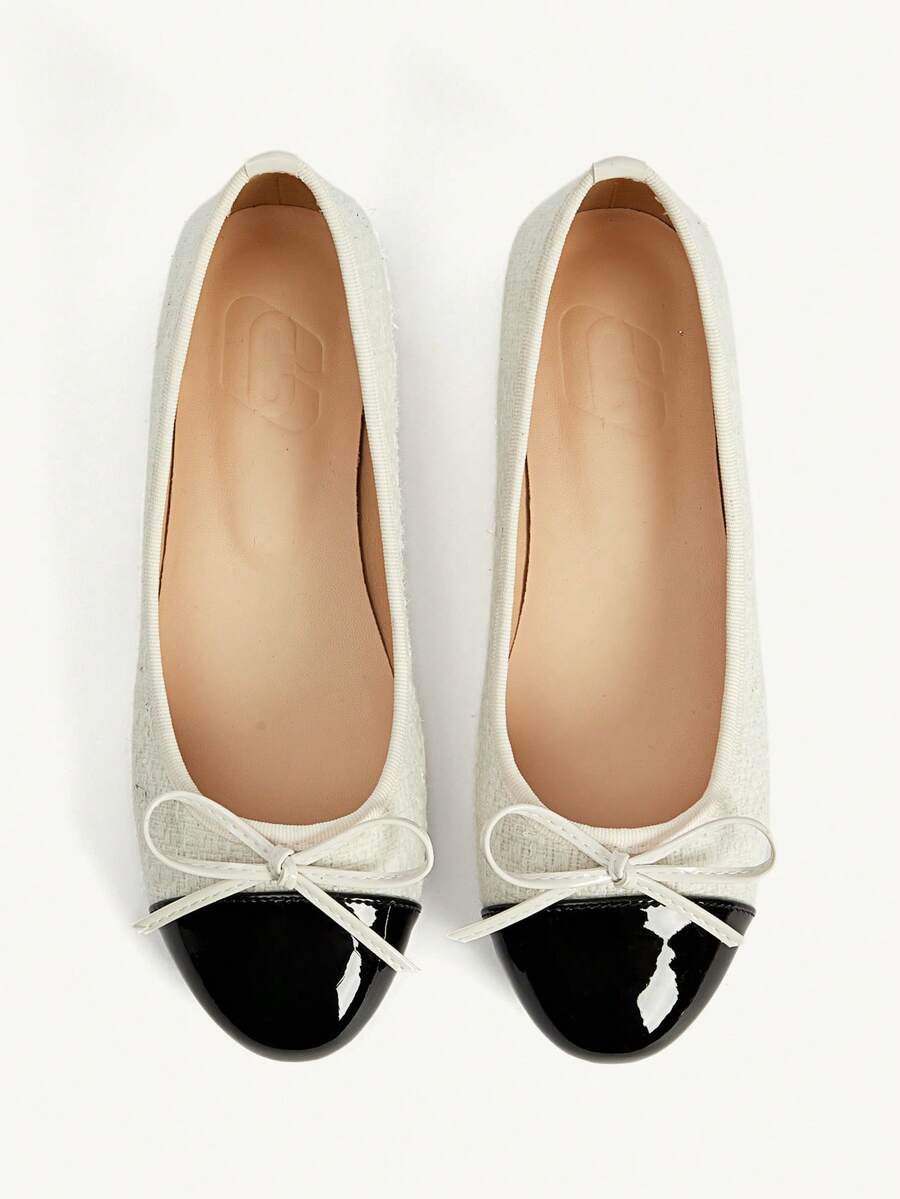 CUCCOO CHICEST Zapatos de mujer para primavera y verano, cómodos y fáciles de usar, con lazo, punta redonda, tacón plano, tacón bajo, combinación de tela y unicolor. Zapatos planos para uso diario y citas - Blanco - Ver 1