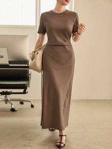 Dazy-Less 女士商务/休闲修身长裙，舒适中长款，春夏连衣裙 - 棕色 - 查看 6