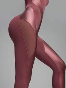 Innovista Women's Patchwork Fabric Half-Zip Front Racerback Breathable Shapewear Jumpsuit - Red Orange - View 6