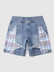 ROMWE MEN Street Life Men's Patchwork Five-Pointed Star Frayed Plaid Loose Casual Denim Shorts - Blue - View 4