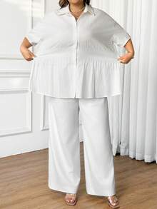 SHEIN CURVE+ 大码女式夏季休闲日常通勤简约纯色收腰宽松衬衫 - 白色 - 查看 3