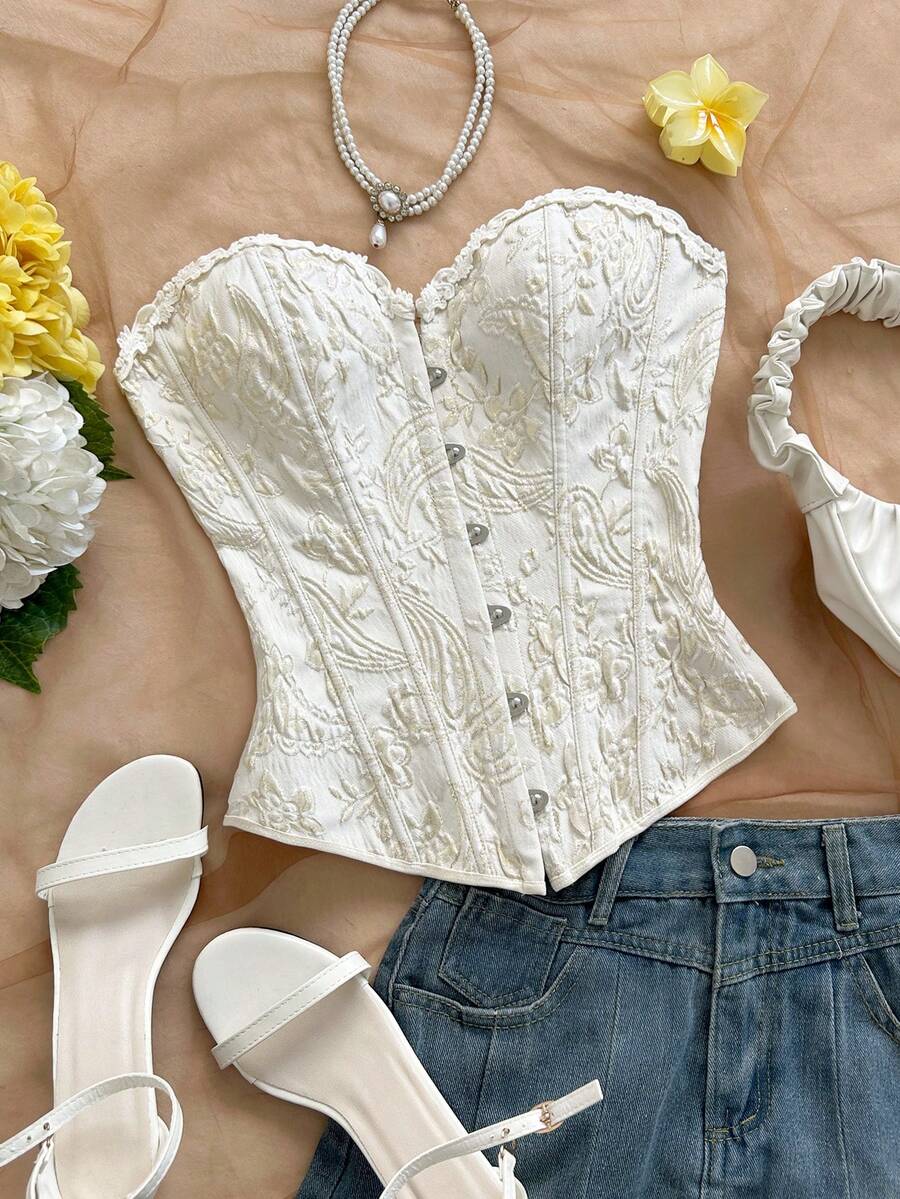 Soleia Áo hai dây cài cúc phía trước, họa tiết hoa jacquard dành cho nữ - trắng - Xem 1