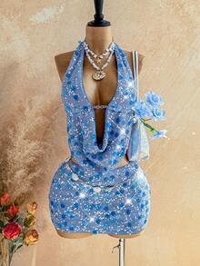 Soleia 两件套亮片流苏吊带上衣和迷你裙套装，适合音乐节、派对、中国红、年会、圣诞节、万圣节等场合。 - 藍色 - 查看 1