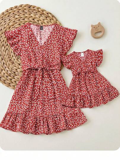 Babygirl Summer Cute Ditsy Floral Short Sleeve Dress, Mommy And Me Matching Outfits (2 Pieces Sold Separately)