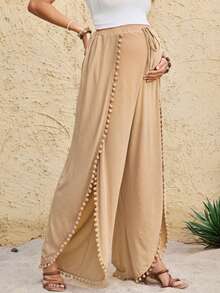 Boho Mama Pantalon ample à jambes larges, style décontracté de vacances pour femmes enceintes, avec garniture de pompons de couleur unie - Kaki - Voir 7