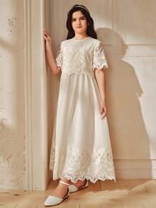 Anewsta Spring/Summer New Elegant Vintage Round Neck Short Sleeve Embroidered Hollow Out Waist Flared Hem Long Girls Dress - Apricot - View 5