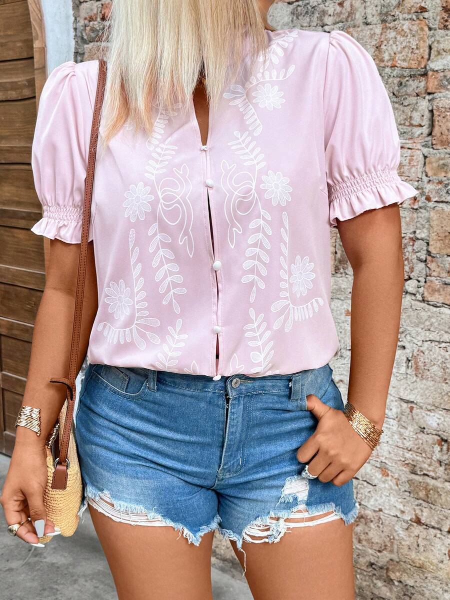 EMERY ROSE Camisa casual de vacaciones con estampado floral y mangas abullonadas para tallas grandes - Rosa - Ver 1