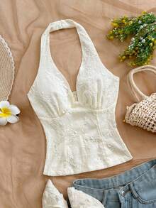 Soleia Women's Floral Embroidery Halter Neck Vacation Camisole - White - View 3