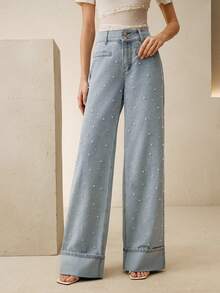 Anewsta Women's Fashionable Glamorous White Pearl Romantic Valentine's Day Party Vacation Blue Straight Leg Cuffed Jeans - Blue - View 7