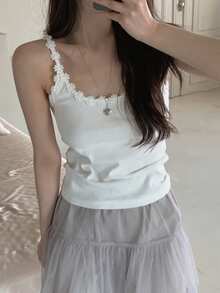 DAZY 夏季女士甜美撞色蕾丝吊带背心 - 白色 - 查看 2