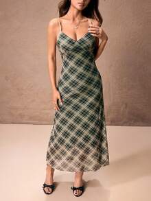 ROMWE PETITE Vestido largo ajustado con estampado de cuadros retro para mujeres - Verde - Ver 1